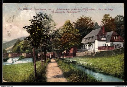 AK Bockau, Wehr am Flössgraben, romantische Flusspartie