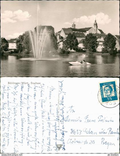 Ansichtskarte Böblingen Stadtsee Motorboot Fontäne 1964