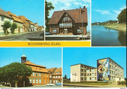 DDR Mehrbild AK 1978 Boizenburg Clara-Zetkin-Str. Hafen VEB, Rathaus, Oberschule
