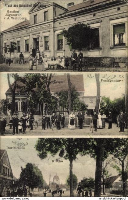 CPA Arensdorf Kr. Lebus Steinhöfel Brandenburg, Gasthof Jägersruh, Postagentur, Dorfstraße, Kirche