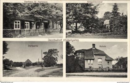 CPA Jacobsdorf Jakobsdorf Putlitz in der Prignitz, Gasthaus, Kriegerdenkmal, Dorfstraße, Schule