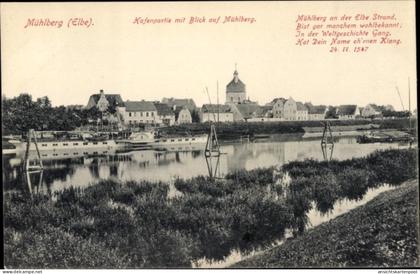 CPA Mühlberg an der Elbe, Hafenpartie mit Blick auf Mühlberg