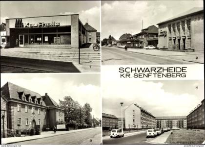 CPA Schwarzheide in der Niederlausitz, Kaufhalle, Kulturhaus Wandelhof, Rathaus, Straße 20. Jahrestag