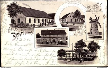Lithographie Blönsdorf Niedergörsdorf in Brandenburg, Restaurant Leisegang, Windmühle, Bahnhof, Postagentur