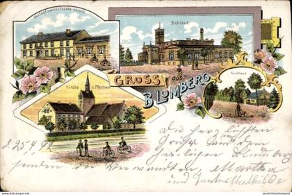 Lithographie Blumberg Ahrensfelde b. Berlin, Schloss, Forsthaus, Kirche, Gasthof zum Deutschen Kaiser