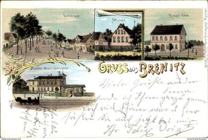 Lithographie Brenitz Sonnewalde in der Niederlausitz, Dorfstraße, Schulhaus, Krausch-Haus, Bahnhof