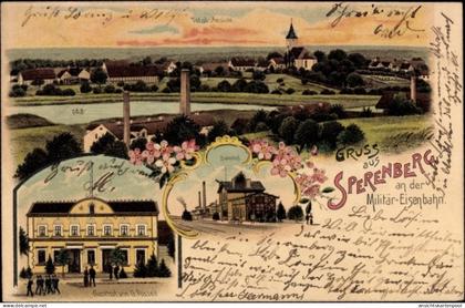 Lithographie Sperenberg an der Militärbahn Mellensee Brandenburg, Bahnhof, Gasthof G. Posselt, Panorama