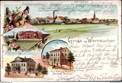Lithographie Werneuchen im Kreis Barnim, Bahnhof, Restaurant Deutsche Bierhalle, Hotel Schunck