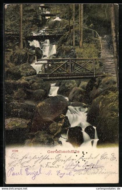 AK Bühlertal, Gertelbachfälle, Wanderer auf einer Brücke