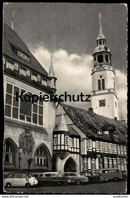 ÄLTERE POSTKARTE CELLE VATERLÄNDISCHES MUSEUM MIT STADTKIRCHE IM HINTERGRUND Fiat Mercedes VW Autos cars Ansichtskarte
