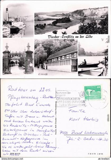 Diesbar Seußlitz Nünchritz (Elbe) Dampfer Schloß-Tor, Eiscafé, Ruderboot 1983