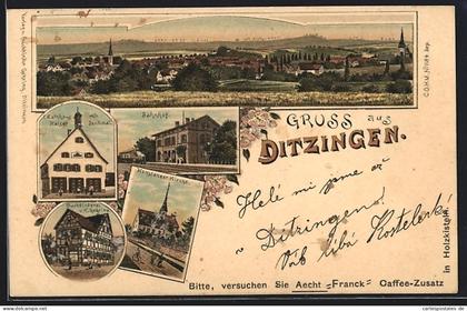 Lithographie Ditzingen, Buchbinderei von K. Gehring, Bahnhof, Rathaus, Ortsansicht