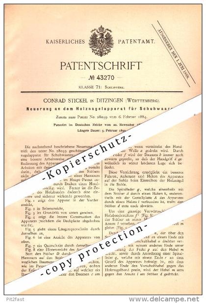 Original Patent - C. Stickel in Ditzingen , Württemberg , 1887 , Holznagelapparat für Schuhwaaren , Schuhmacher  !!!