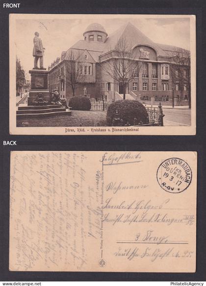 Postcard Dueren Germany Kreishaus Bismarck Monument WWI 1917