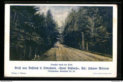 Künstler-AK Vossloch b. Elmshorn, Hotel Vossloch von Johann Welzow, Chaussée durch den Wald
