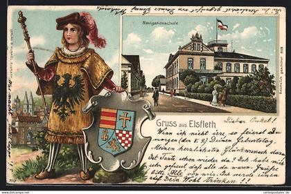 Lithographie Elsfleth, Stadtwache mit Schild und Stab, Navigationsschule