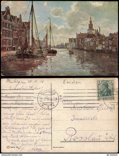 Ansichtskarte Emden Künstlerkarte Hafen Schiffe 1915