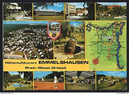 AK Emmelshausen /Hunsrück, Schwimmbad mit Panorama-Cafe, Gesamtansicht, Wappen, Landkarte