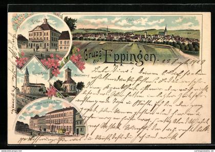 Lithographie Eppingen, Hotel zur Krone Post, Ottilienberg, Totalansicht