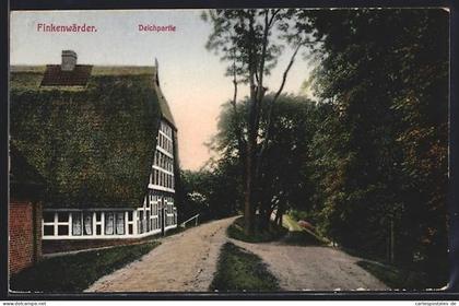 AK Hamburg-Finkenwerder, Deichpartie mit Reetdachhaus