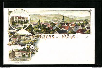 Lithographie Flöha, Bahnhof, Gasthof Flöha, Kgl. Amtshauptmannschaft, Eisenbahn