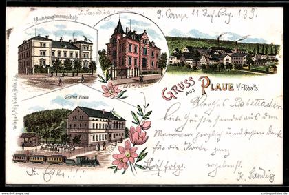 Lithographie Plaue b. Flöha, Gasthof Plaue, Amtshauptmannschaft, Bezirkssteuer
