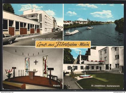 AK Flörsheim /Main, Dampfer auf dem Fluss, St. Josefshaus mit Kindergarten, Kapelle