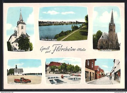 AK Flörsheim / Main, Kath. Kirche, Partie am Main, Ev. Kirche, Bootshaus, Grabenstrasse