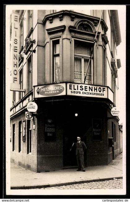 Foto-AK Frechen, Restaurant Elisenhof von Siegfr. Enzensperger, Werbung für Metzmacher Pilsener