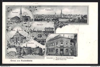 AK Freinsheim, Bahnhof, Colonial- u. Materialwaren Adolf Drescher, Elisentor, Ortsansicht