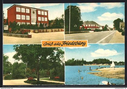 AK Friedeburg / Ostfriesl., Strassenpartie, Badestrand und Park