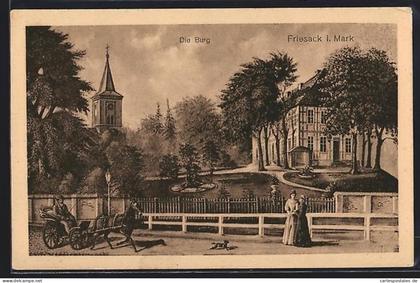 AK Friesack i. Mark, Die Burg, Kutschen und Passanten