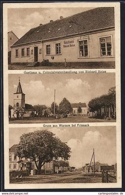 AK Warsow bei Friesack, Gasthaus u. Colonialwarenhandlung von Richard Heise, Kirche im Ort