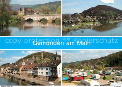 Gemuenden Main Mainbruecke Campingplatz Haeuserpartie am Fluss Burgruine