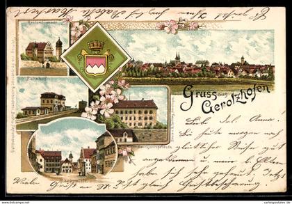 Lithographie Gerolzhofen, Bahnhof, Rentamt, Wappen, Ortsansicht