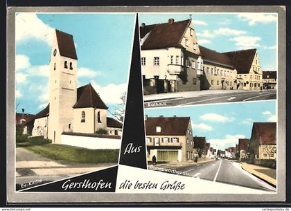 AK Gersthofen, Evangelische Kirche, Rathaus, Donauwörther-Strasse