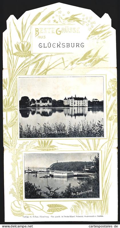 Klapp-AK Glücksburg, Badestrand, Ortsansicht