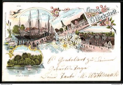 Lithographie Glückstadt, Hafenpartie mit Rathaus