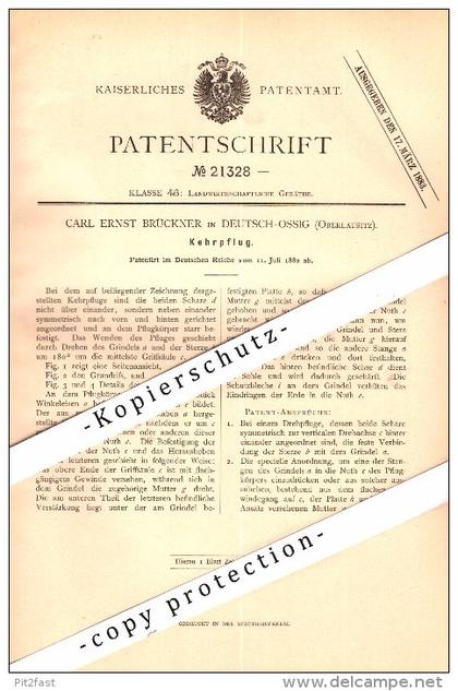 Original Patent - C.E. Brückner in Deutsch Ossig b. Görlitz , 1882 , Kehrpflug , Pflug , Landwirtschaft , Agrar !!!