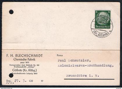 A6256 - alte Postkarte - Bedarfspost - Gößnitz Kr. Altenburg - F.H. Blechschmidt - Chemische Fabrik nach Brunndöbra 1940
