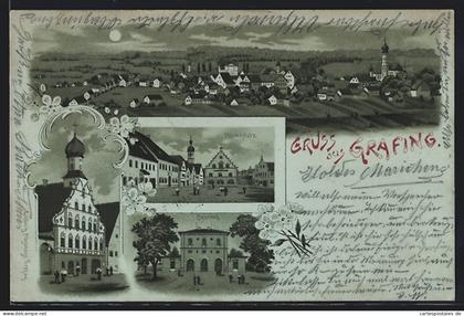Mondschein-Lithographie Grafing, Bahnhof, Rathaus, Marktplatz