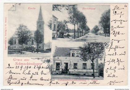 39000818 - Lithographie. Gruss aus Schmachtenhagen. Abgebildet ist die Kirche, die Dorfstrasse und die Colonialwarenhan
