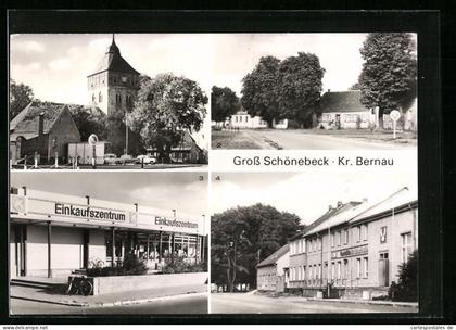 AK Gross Schönebeck, Dorfkirche, Ernst-Thälmann-Strasse und Einkaufszentrum