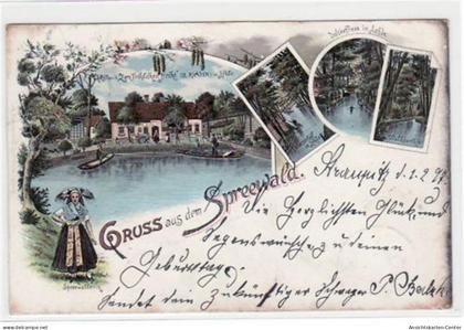39021399 - Lehde im Spreewald, Lithographie Gasthaus Zum Froehlichen Hecht, Wasserlauf, Dolzkefliess, Waldpartie Spreew