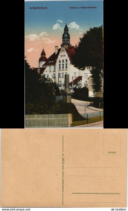 Ansichtskarte Großröhrsdorf Kriegerdenkmal und Rathaus 1915
