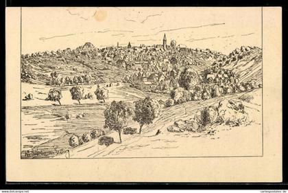 Künstler-Lithographie Grünberg in Hessen, Ortspanorama mit Kirche