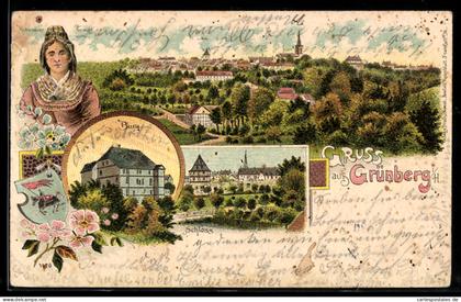 Lithographie Grünberg, Totalansicht, Frau in Tracht und Burg