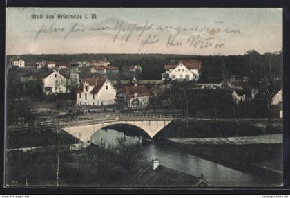 AK Grünheide i. M., Ortsansicht mit Brücke