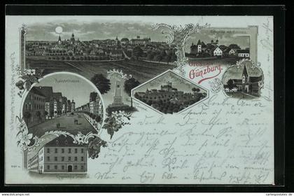 Mondschein-Lithographie Günzburg, Totalansicht, Hauptstrasse, Englisches Institut