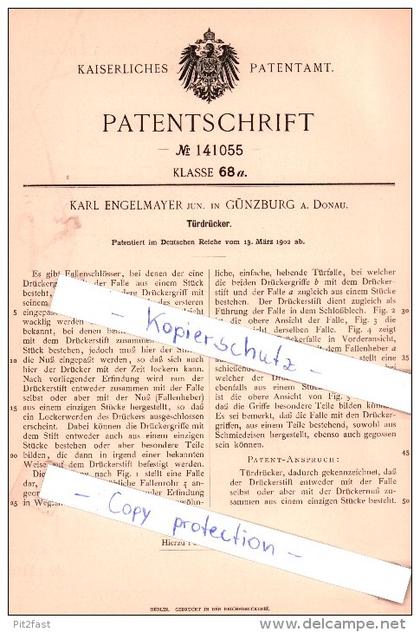 Original Patent -  Karl Engelmayer jun. in Günzburg a. Donau , 1902 , Türdrücker !!!